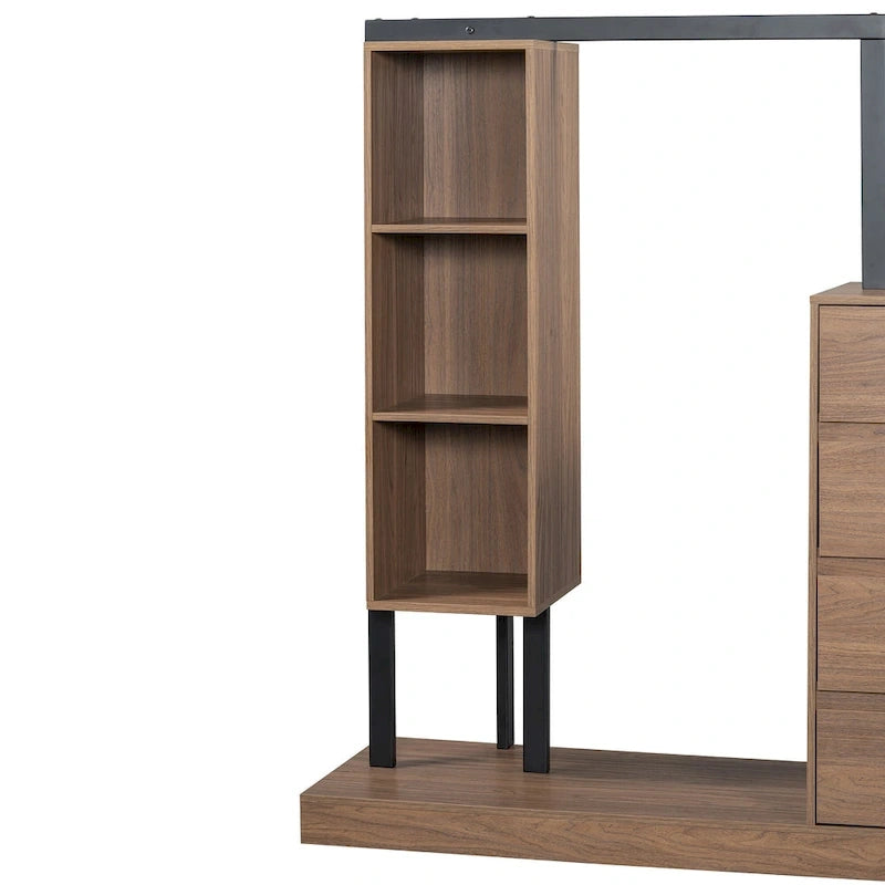 Armoire ouverte avec 4 tiroirs, 3 étagères et tringle à vêtements, armoire autoportante en bois pour chambre à coucher