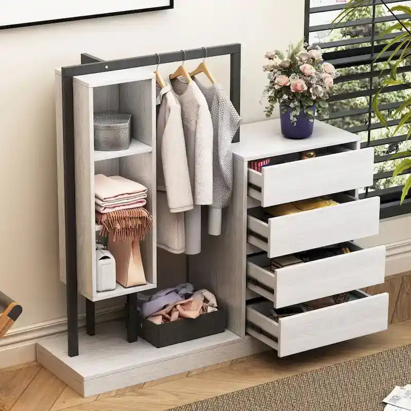 Armoire ouverte avec 4 tiroirs, 3 étagères et tringle à vêtements, armoire autoportante en bois pour chambre à coucher