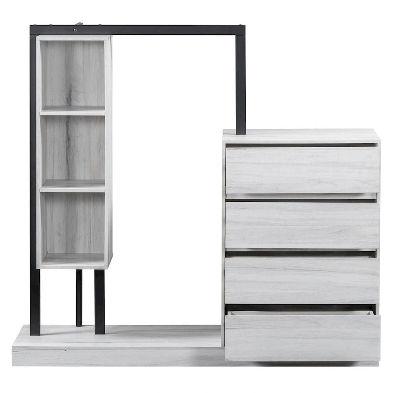 Armoire ouverte avec 4 tiroirs, 3 étagères et tringle à vêtements, armoire autoportante en bois pour chambre à coucher