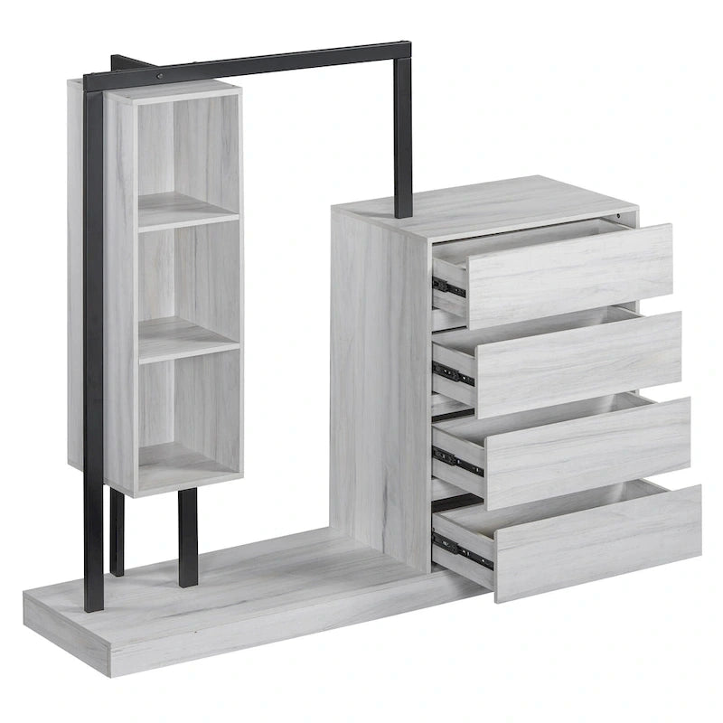 Armoire ouverte avec 4 tiroirs, 3 étagères et tringle à vêtements, armoire autoportante en bois pour chambre à coucher
