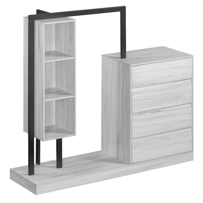 Armoire ouverte avec 4 tiroirs, 3 étagères et tringle à vêtements, armoire autoportante en bois pour chambre à coucher