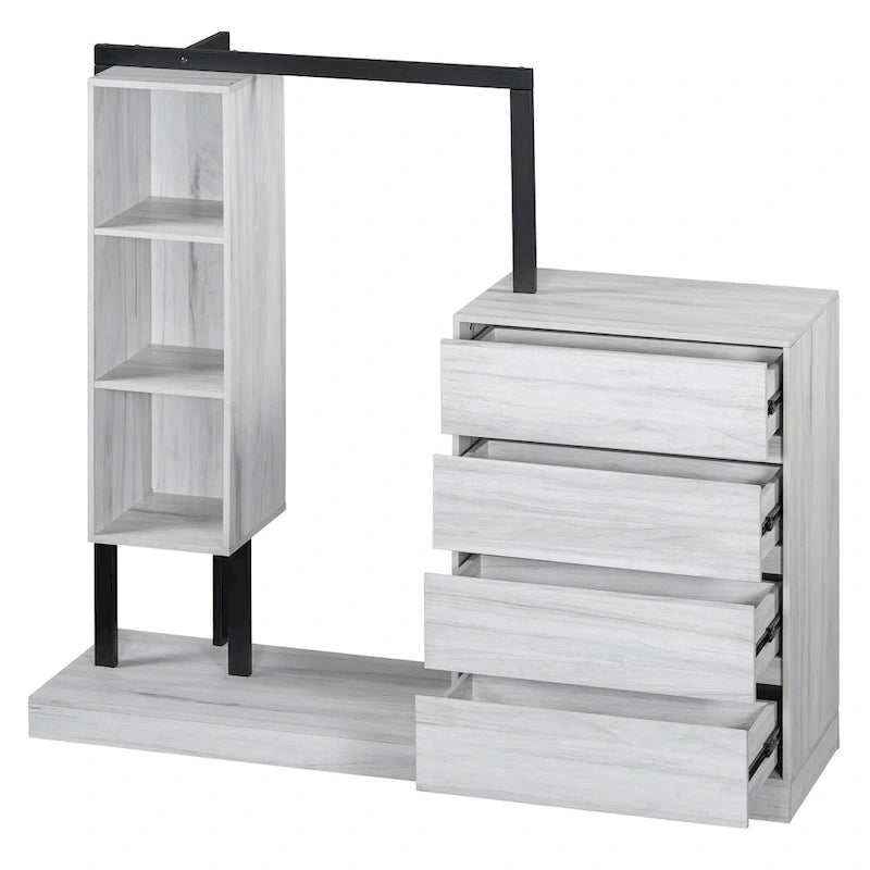 Armoire ouverte avec 4 tiroirs, 3 étagères et tringle à vêtements, armoire autoportante en bois pour chambre à coucher