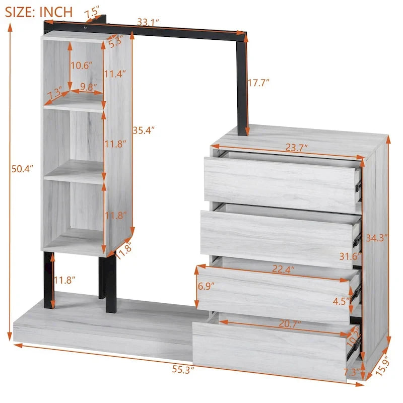 Armoire ouverte avec 4 tiroirs, 3 étagères et tringle à vêtements, armoire autoportante en bois pour chambre à coucher