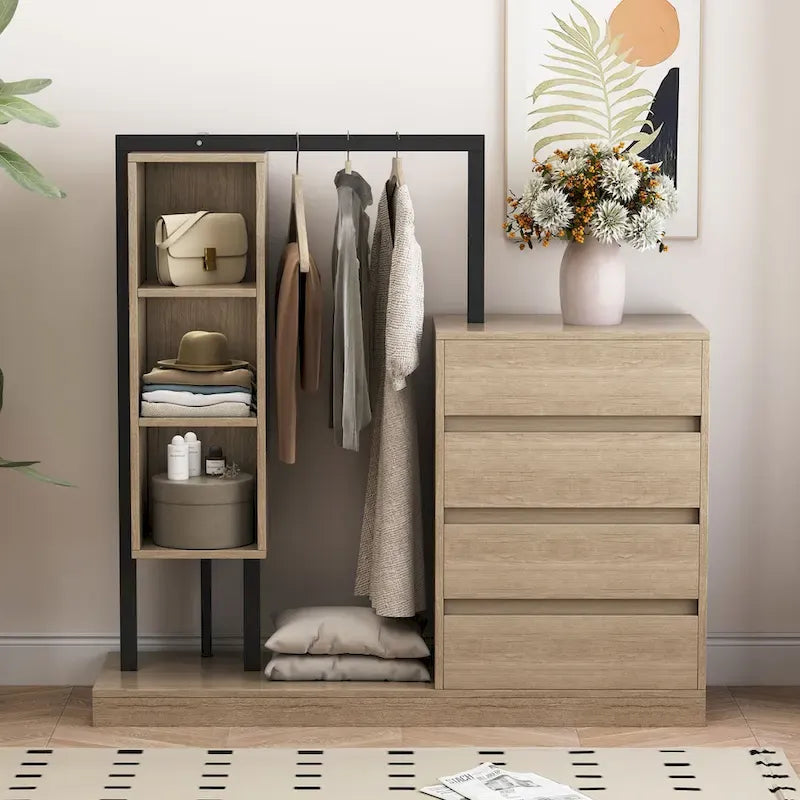 Armoire ouverte avec 4 tiroirs, 3 étagères et tringle à vêtements, armoire autoportante en bois pour chambre à coucher