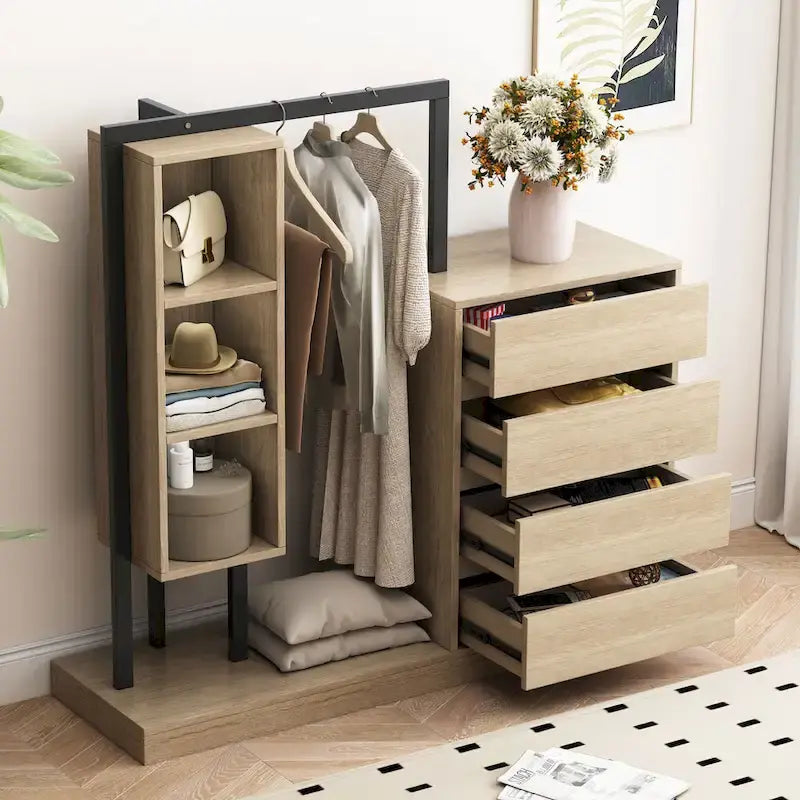 Armoire ouverte avec 4 tiroirs, 3 étagères et tringle à vêtements, armoire autoportante en bois pour chambre à coucher