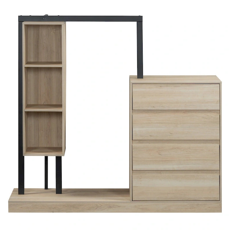 Armoire ouverte avec 4 tiroirs, 3 étagères et tringle à vêtements, armoire autoportante en bois pour chambre à coucher