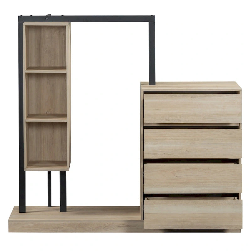 Armoire ouverte avec 4 tiroirs, 3 étagères et tringle à vêtements, armoire autoportante en bois pour chambre à coucher