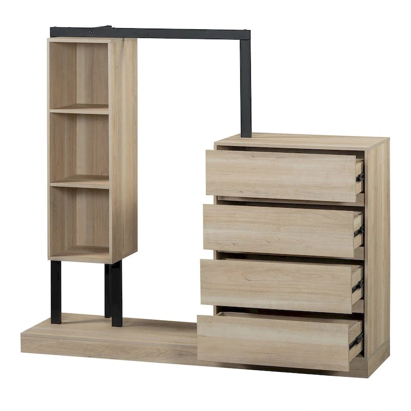 Armoire ouverte avec 4 tiroirs, 3 étagères et tringle à vêtements, armoire autoportante en bois pour chambre à coucher