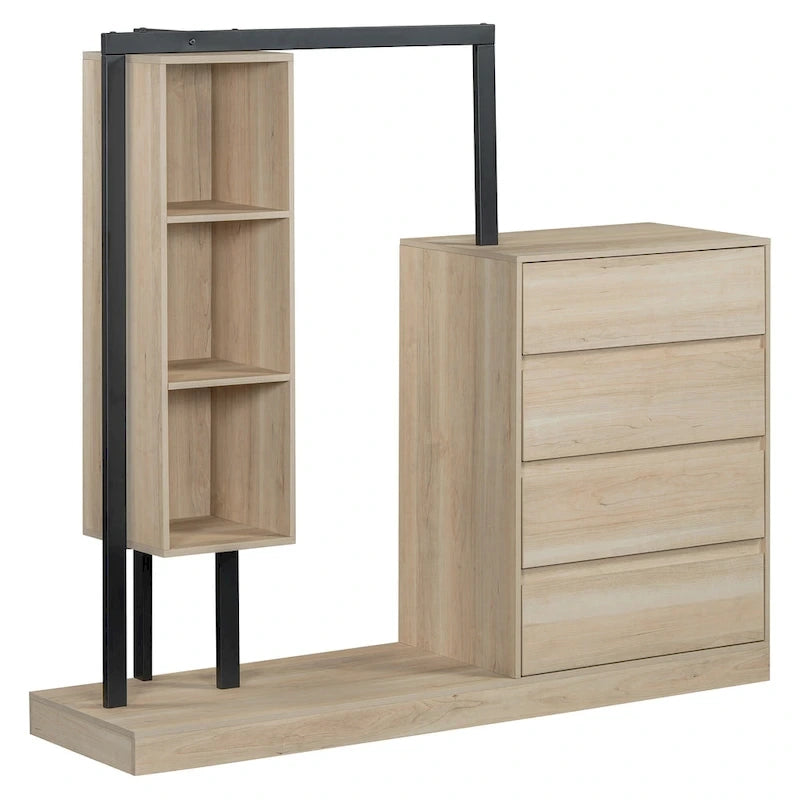Armoire ouverte avec 4 tiroirs, 3 étagères et tringle à vêtements, armoire autoportante en bois pour chambre à coucher