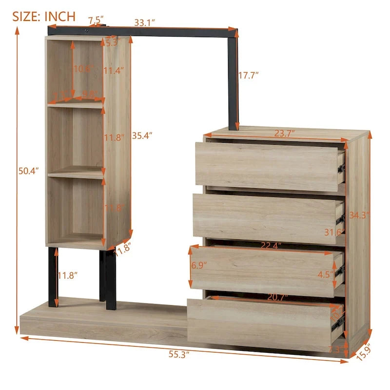 Armoire ouverte avec 4 tiroirs, 3 étagères et tringle à vêtements, armoire autoportante en bois pour chambre à coucher