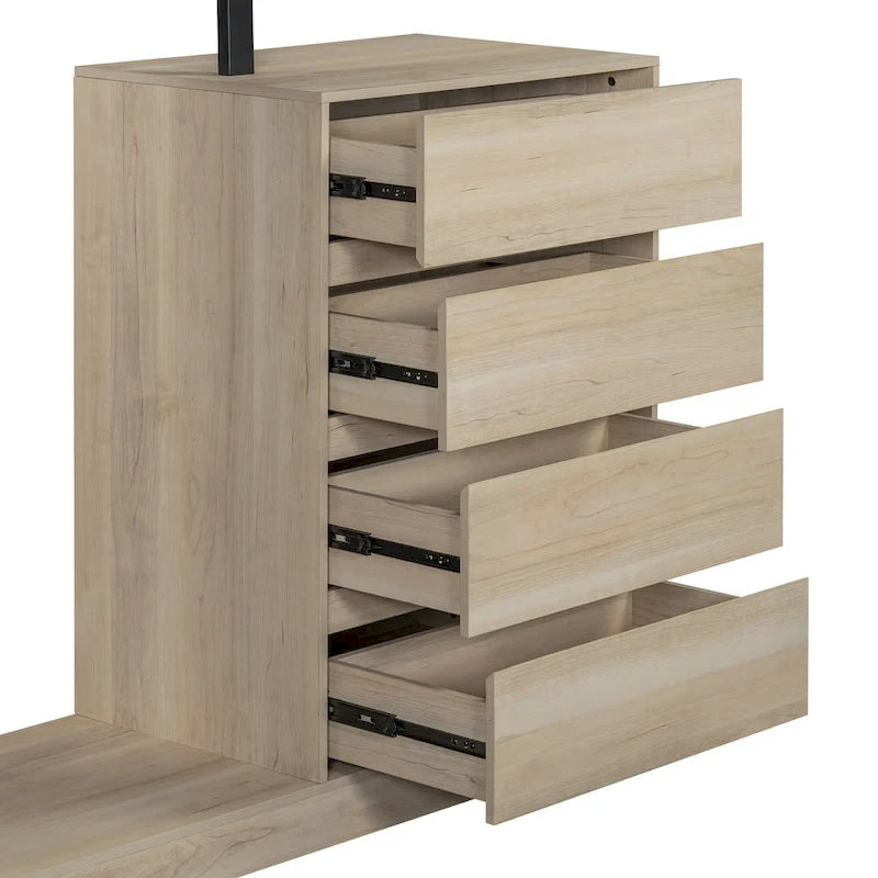 Armoire ouverte avec 4 tiroirs, 3 étagères et tringle à vêtements, armoire autoportante en bois pour chambre à coucher