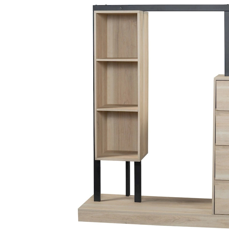 Armoire ouverte avec 4 tiroirs, 3 étagères et tringle à vêtements, armoire autoportante en bois pour chambre à coucher