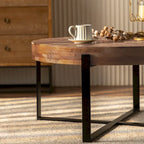 Table basse ronde "Modern Retro Stitching" avec plateau en bois de sapin et piètement croisé noir, pour salon