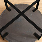 Table basse ronde "Modern Retro Stitching" avec plateau en bois de sapin et piètement croisé noir, pour salon