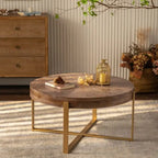 Table basse ronde "Modern Retro Stitching" avec plateau en bois de sapin et piètement croisé noir, pour salon