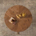 Table basse ronde "Modern Retro Stitching" avec plateau en bois de sapin et piètement croisé noir, pour salon