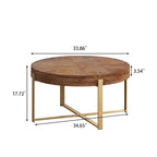 Table basse ronde "Modern Retro Stitching" avec plateau en bois de sapin et piètement croisé noir, pour salon