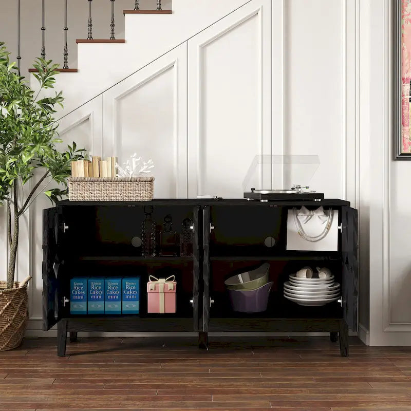Buffet/Bahut d'appoint sculpté, Meuble de rangement d'entrée/Console multimédia de 60,5 po avec 4 portes