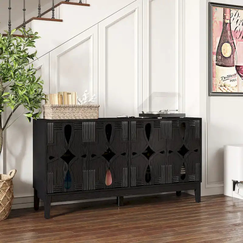 Buffet/Bahut d'appoint sculpté, Meuble de rangement d'entrée/Console multimédia de 60,5 po avec 4 portes
