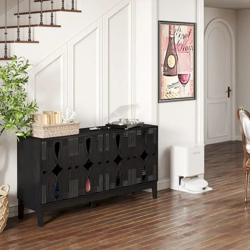 Buffet/Bahut d'appoint sculpté, Meuble de rangement d'entrée/Console multimédia de 60,5 po avec 4 portes