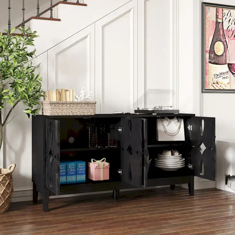 Buffet/Bahut d'appoint sculpté, Meuble de rangement d'entrée/Console multimédia de 60,5 po avec 4 portes