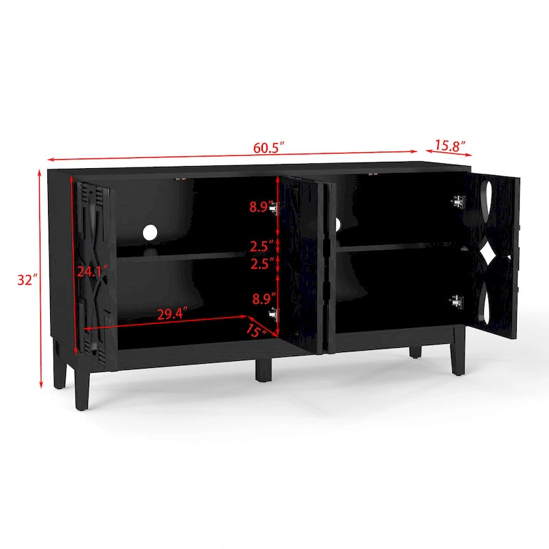 Buffet/Bahut d'appoint sculpté, Meuble de rangement d'entrée/Console multimédia de 60,5 po avec 4 portes