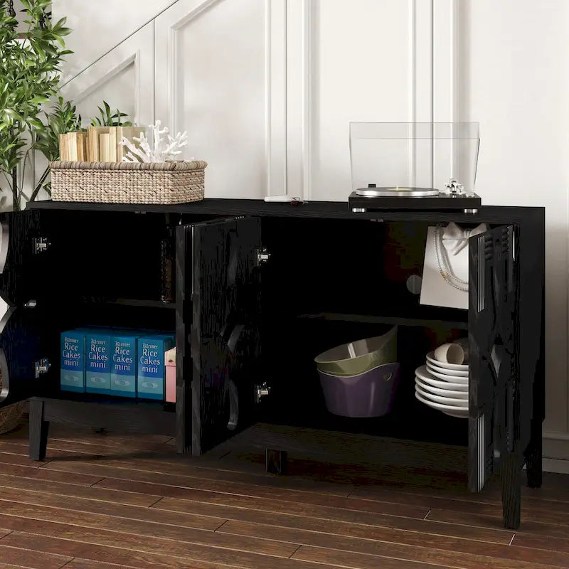 Buffet/Bahut d'appoint sculpté, Meuble de rangement d'entrée/Console multimédia de 60,5 po avec 4 portes