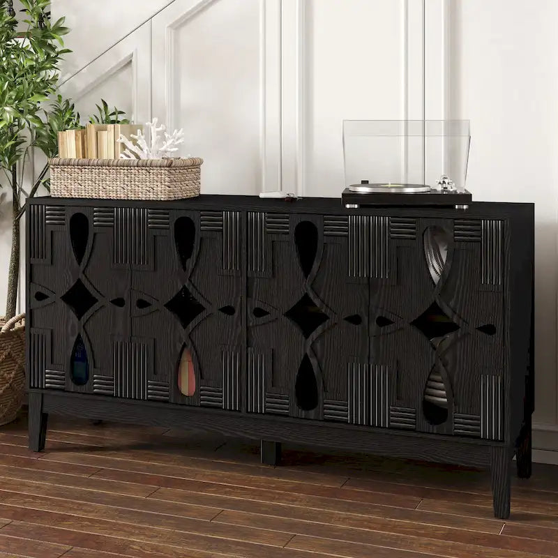 Buffet/Bahut d'appoint sculpté, Meuble de rangement d'entrée/Console multimédia de 60,5 po avec 4 portes