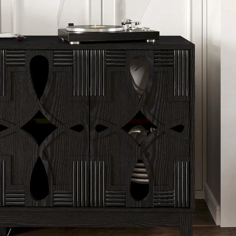 Buffet/Bahut d'appoint sculpté, Meuble de rangement d'entrée/Console multimédia de 60,5 po avec 4 portes