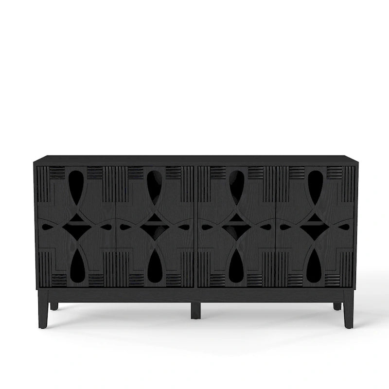 Buffet/Bahut d'appoint sculpté, Meuble de rangement d'entrée/Console multimédia de 60,5 po avec 4 portes