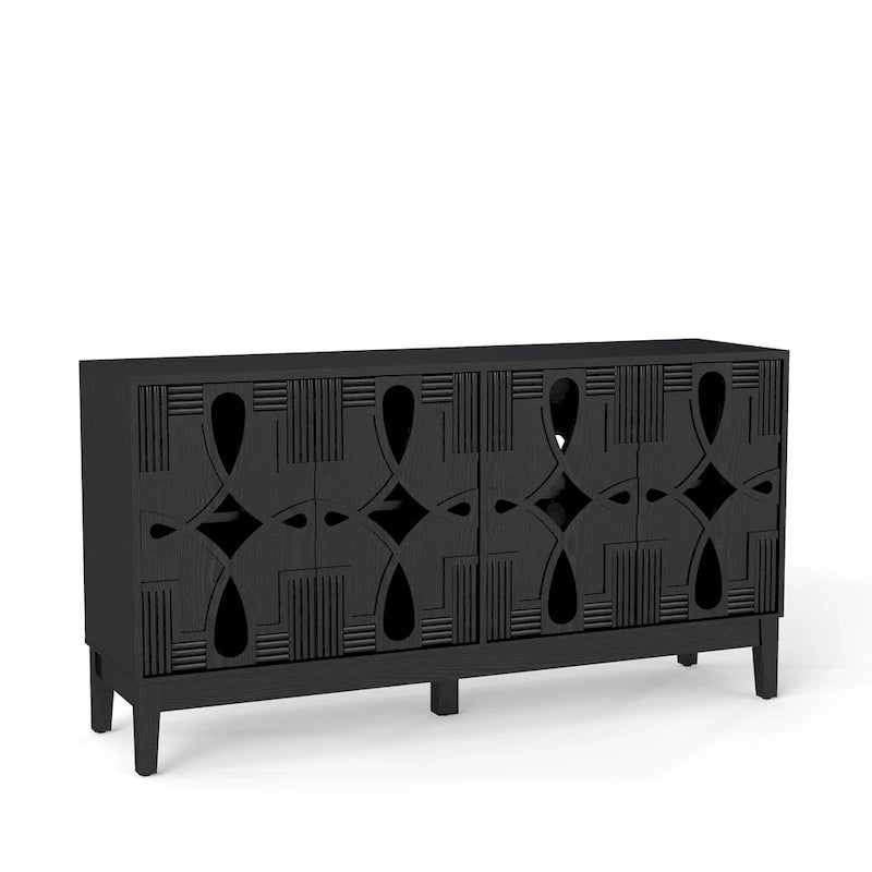 Buffet/Bahut d'appoint sculpté, Meuble de rangement d'entrée/Console multimédia de 60,5 po avec 4 portes