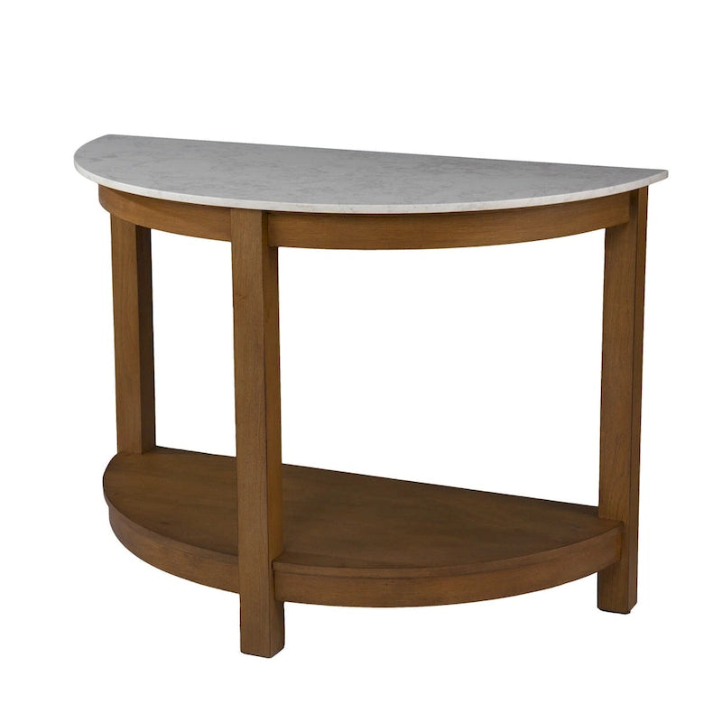 White Faux Marble Half Circle Console Table with Shelf and Wood Base - 41.75 L x 20 W x 30.25 H