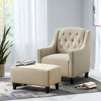 Fauteuil club en tissu touffeté de couleur beige clair Elaine avec pouf par