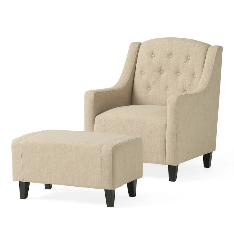 Fauteuil club en tissu touffeté de couleur beige clair Elaine avec pouf par