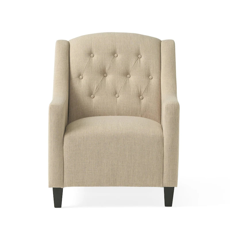 Fauteuil club en tissu touffeté de couleur beige clair Elaine avec pouf par