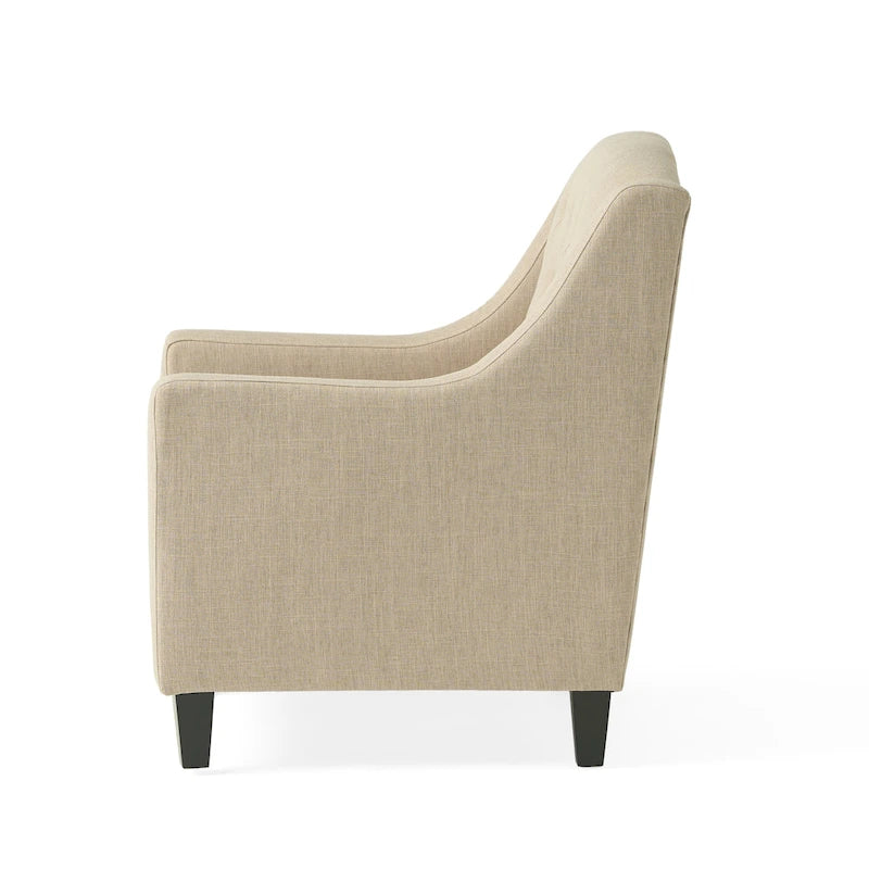 Fauteuil club en tissu touffeté de couleur beige clair Elaine avec pouf par