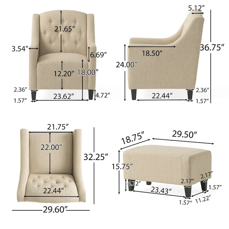 Fauteuil club en tissu touffeté de couleur beige clair Elaine avec pouf par