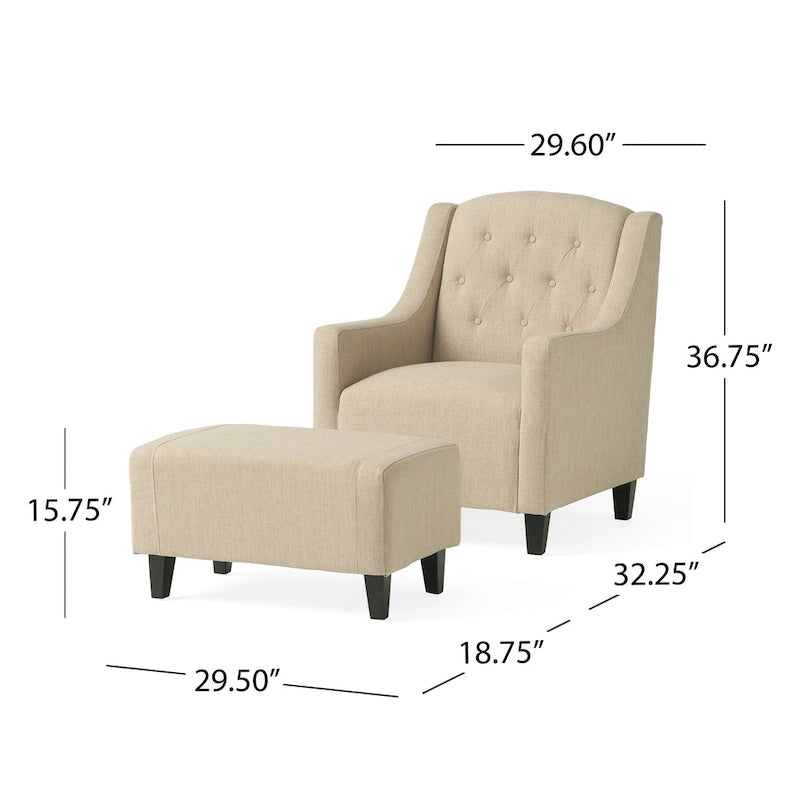 Fauteuil club en tissu touffeté de couleur beige clair Elaine avec pouf par