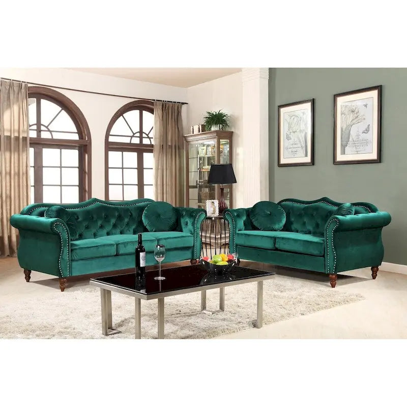 Ensemble de canapés Chesterfield cloués du milieu du siècle Mantel