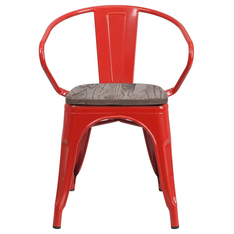 Chaise en métal avec assise et accoudoirs en bois