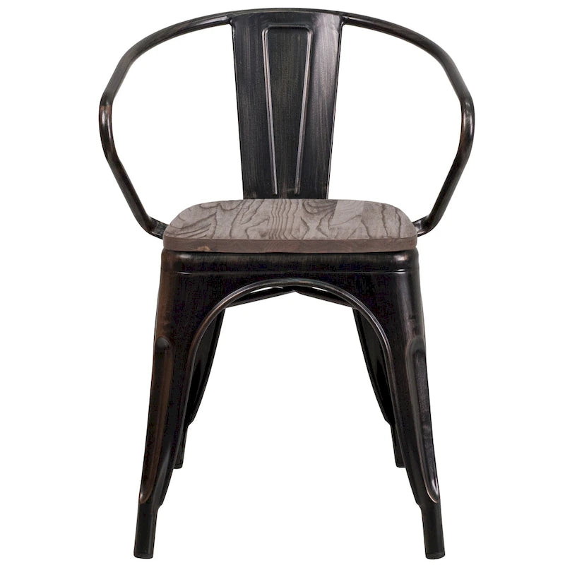 Chaise en métal avec assise et accoudoirs en bois
