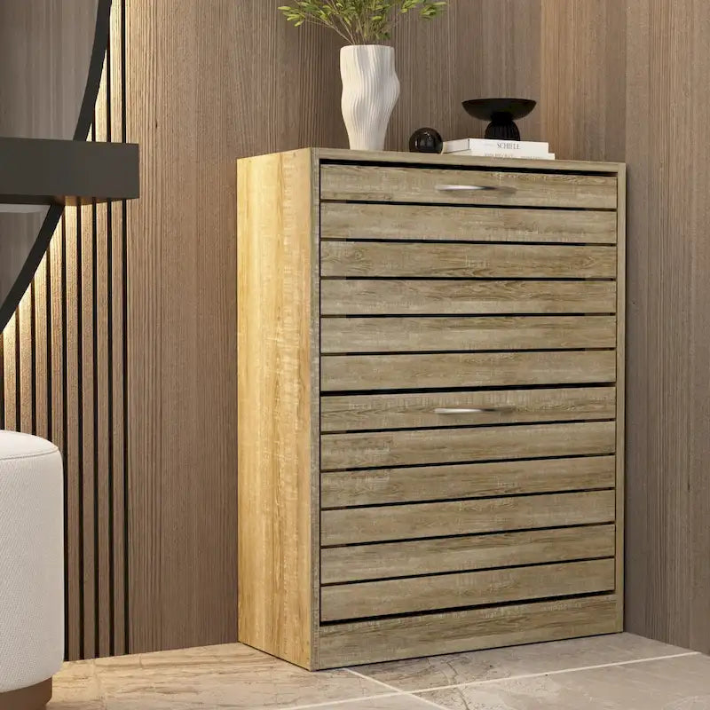 Meuble de rangement pour chaussures 6-12 paires, deux tiroirs, peu encombrant, gris/chêne