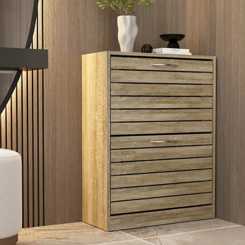 Meuble de rangement pour chaussures 6-12 paires, deux tiroirs, peu encombrant, gris/chêne