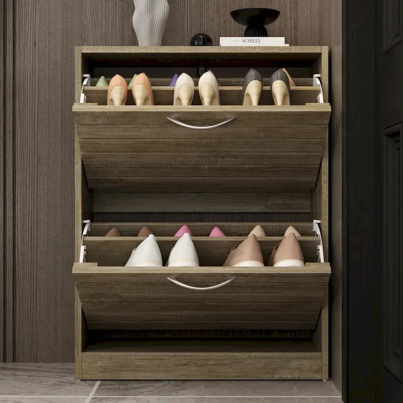 Meuble de rangement pour chaussures 6-12 paires, deux tiroirs, peu encombrant, gris/chêne