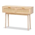 Console de table à 2 tiroirs en bois de chêne clair et rotin finition Baird
