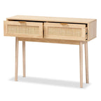 Console de table à 2 tiroirs en bois de chêne clair et rotin finition Baird