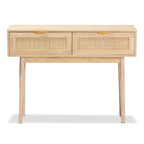 Console de table à 2 tiroirs en bois de chêne clair et rotin finition Baird