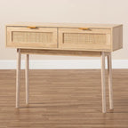 Console de table à 2 tiroirs en bois de chêne clair et rotin finition Baird