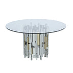 Table ronde contemporaine en verre avec piètement en acier et motif grappe doré
