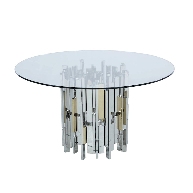 Table ronde contemporaine en verre avec piètement en acier et motif grappe doré